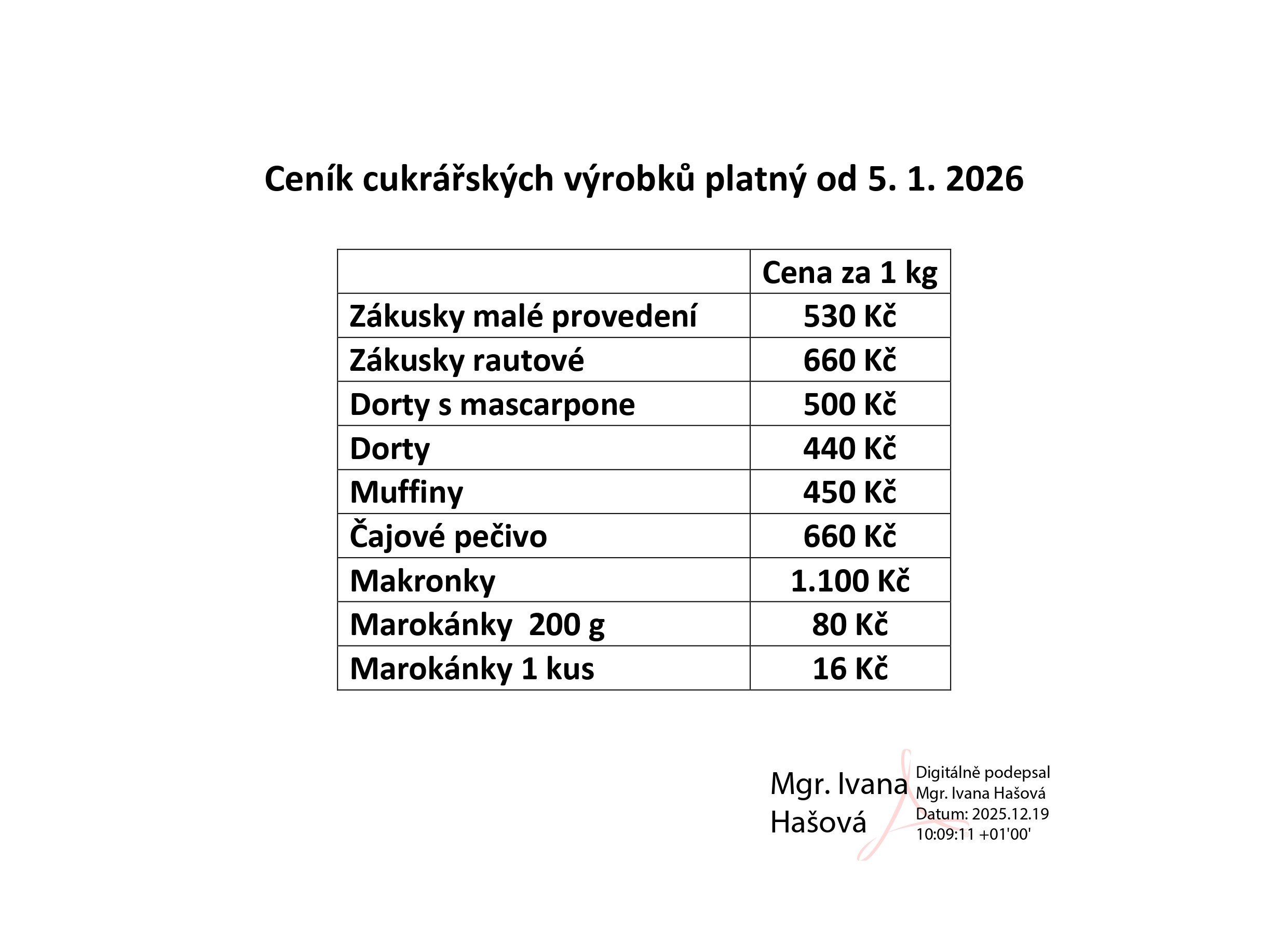 Cena cukrářských výrobků platný od 5. 1. 2026 page 00011